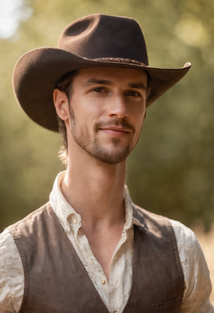 happy man , wearing cowboy hat, cowboy vest, side lighting, sunny day, half length shot, high quality photo.