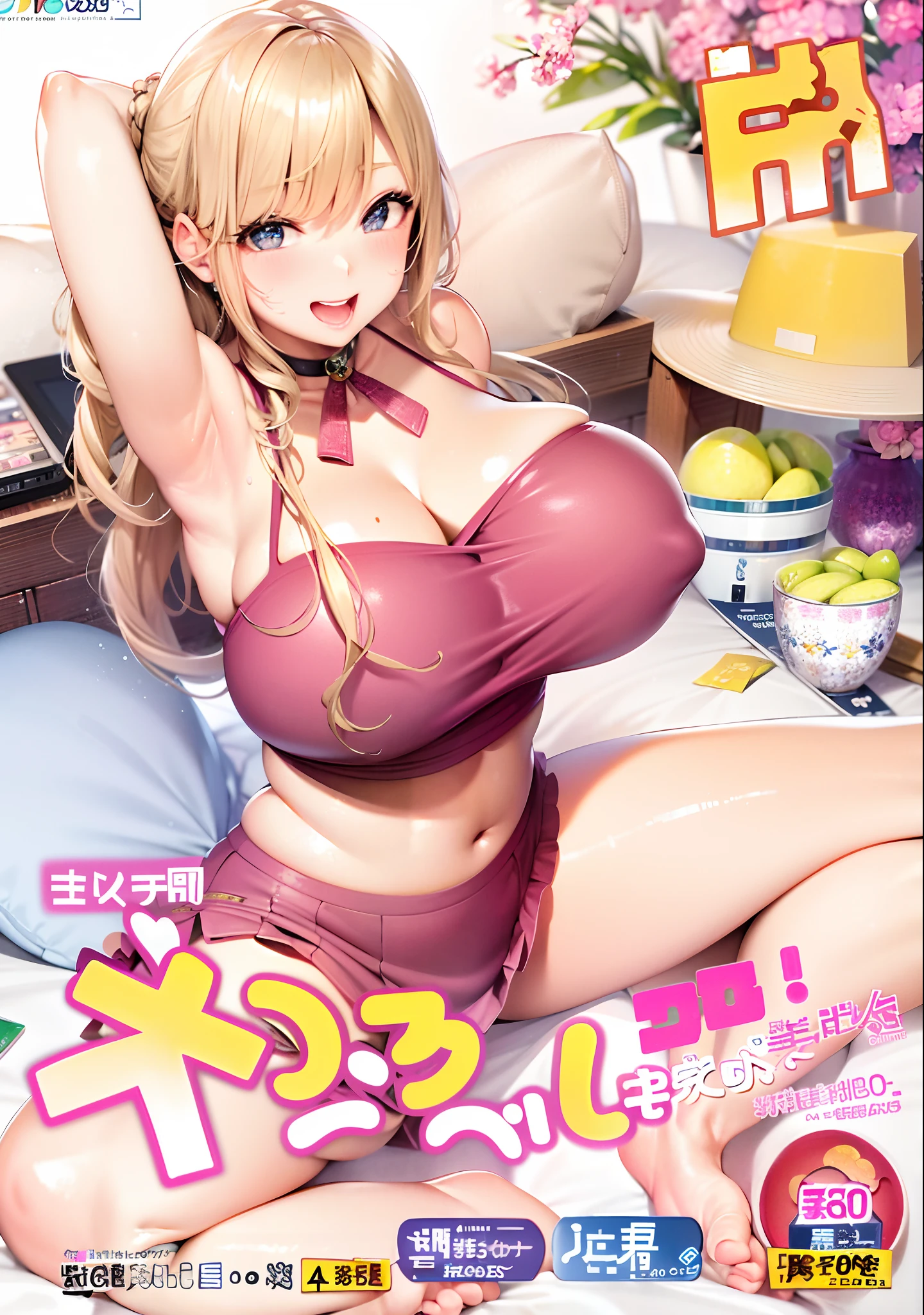 masterpiece,(bestquality),highlydetailed,ultra-detailed,Smile,mature woman,alluring(blindfolded),French woman,blonde hair(wavy hair with big curls),long hair,ample bosom,a picture of a woman in a bikini sitting on a bed, oppai, shoujo manga, ecchi style, ecchi, doujin, manga cover style, japanese shoujo manga, manga cover, ecchi anime style, shojo manga, cover manga, manga front cover, full color manga cover,, anime cover, seductive anime girl
