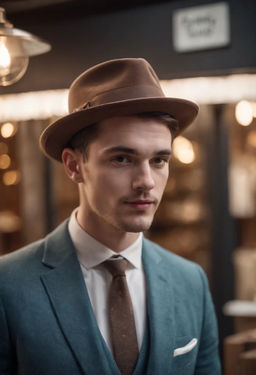 young hipster style man standing from front, wears retro suit, puts on hat, head down, hat shop in background, side lighting, half length shot, high quality photo.