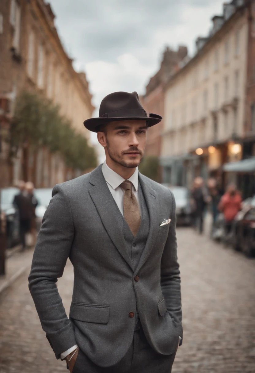 young hipster style man standing from front, wears retro suit, puts on hat, head down, hat shop in background, side lighting, half length shot, high quality photo.