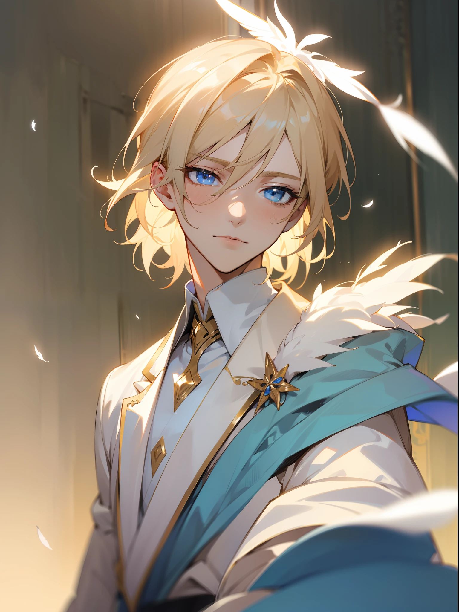 masterpiece, best quality, male character, light blonde hair, blue eyes, silky hair, chin length hair hair, short hair, angelic, white, feathers, bright, stylized character design, high quality character design, detailed character design, great character design, male, highly detailed outfit, sickly, elegant, eichi, eichi tenshouin, smug, frontage, lateral face, lovely boy, perfect face, detailed eyes, elegant, handsome man, facing camera, elegance, handsome, light background, light room, candid, neutral face, indoors, clouds, pale lighting, relaxed, peaceful, beautiful, happy, kind, gentle, tall man, sexy anime man, hot, detailed background, avant- grade , original, rgkg, bishonen, bishi, gold details, white outfit, light outfit, pastel, muted colours, portrait, tired eyes, fine ensemble stars, idol, model, slim, handsome male