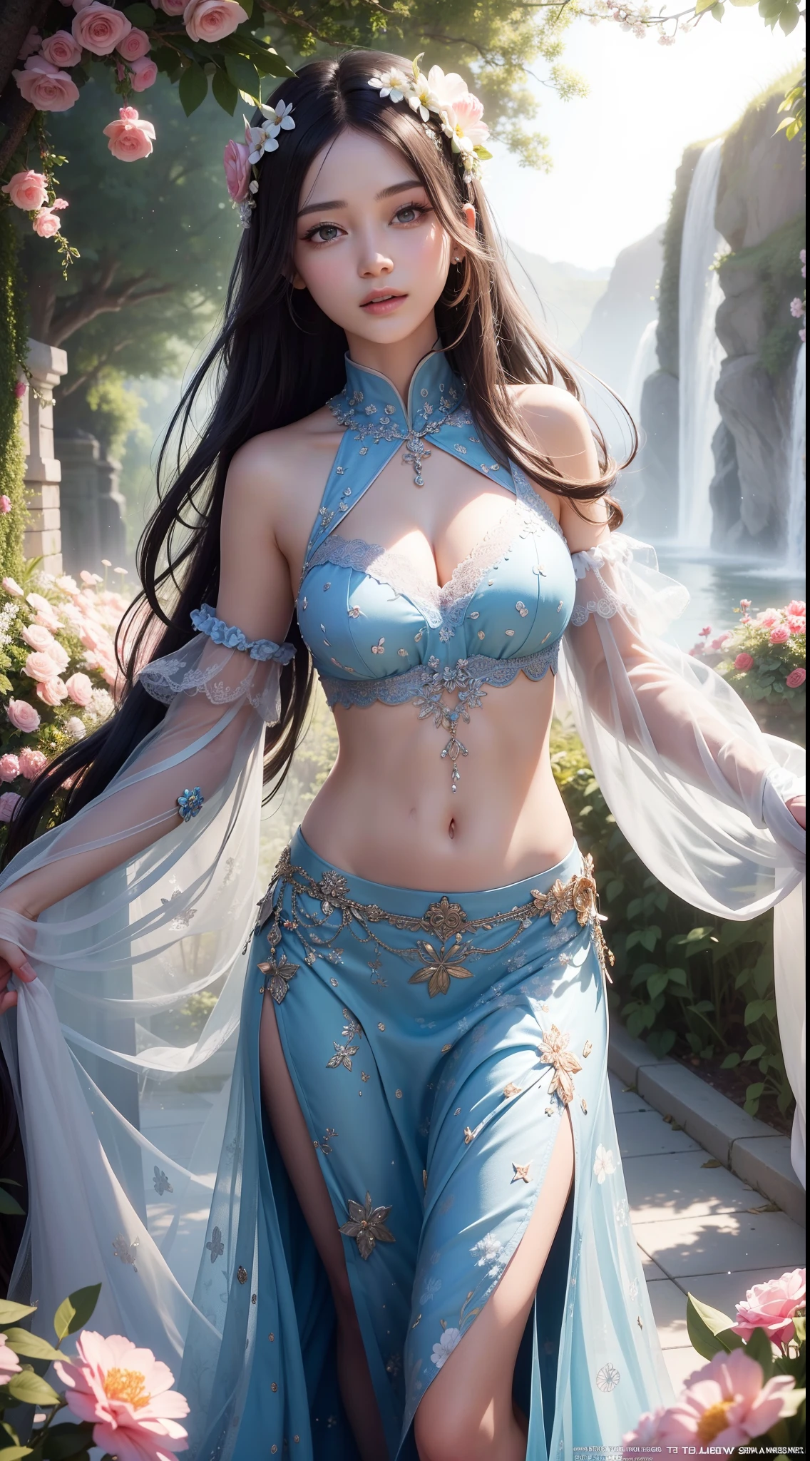 Beautiful detailed woman,very detailed eyes and faces, A detailed eye, ultra - detailed, A high resolution, The is very detailed,best qualtiy,illustratio,unified,8k 壁纸,tmasterpiece,best qualtiy,Faraway view,1girll,full bodyesbian,looki at viewer,face to the viewer,Long flowing hair,long skirt,Background with:rays of sunshine,florals,Gorgeous,Brilliant and colorful,Random dynamic pose,Surreal 8000 grams,Impeccable,tmasterpiece,professionalartwork,famousartwork,电影灯光,cinematicbloom,Perfect face,beautifulface,fanciful,dream magical,Not real,intricately details,delicate patterns