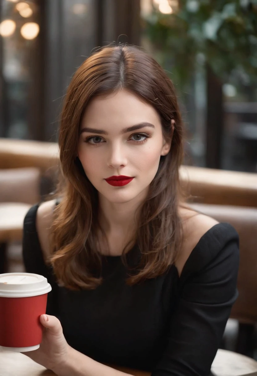 2010s fashion, medium close up, canon ef 85mm f/1.2l ii usm, a woman is sitting with her coffee in a restaurant, wearing a black jacket and red lips, emphasis on facial expression, street fashion.
