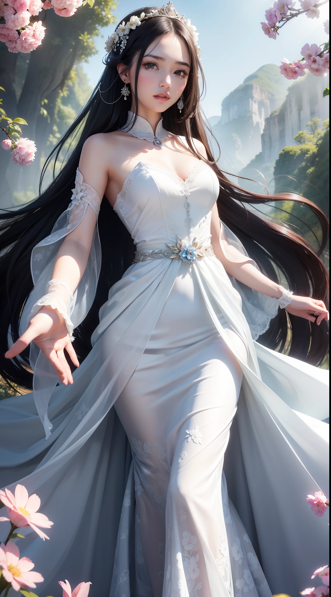 Beautiful detailed woman,very detailed eyes and faces, A detailed eye, ultra - detailed, A high resolution, The is very detailed,best qualtiy,illustratio,unified,8k 壁纸,tmasterpiece,best qualtiy,Faraway view,1girll,full bodyesbian,looki at viewer,face to the viewer,Long flowing hair,long skirt,Background with:rays of sunshine,florals,Gorgeous,Brilliant and colorful,Random dynamic pose,Surreal 8000 grams,Impeccable,tmasterpiece,professionalartwork,famousartwork,电影灯光,cinematicbloom,Perfect face,beautifulface,fanciful,dream magical,Not real,intricately details,delicate patterns