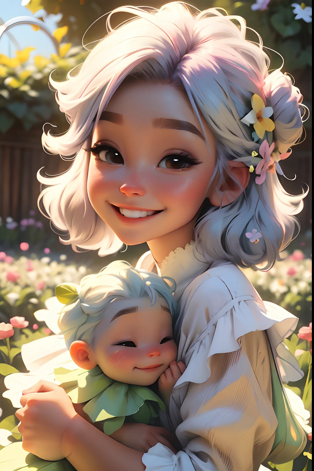Cute flower fairy baby,The smile is bright,Let's be happy,bun hairstyle, Light-colored hair,Beautiful garden,In the daytime,Bright rainbow-colored landscape,plethora of colors,Rich in elements,Delicate facial features, Clear facial features, Optimized details,Ultra-high sharpness,k hd,8K