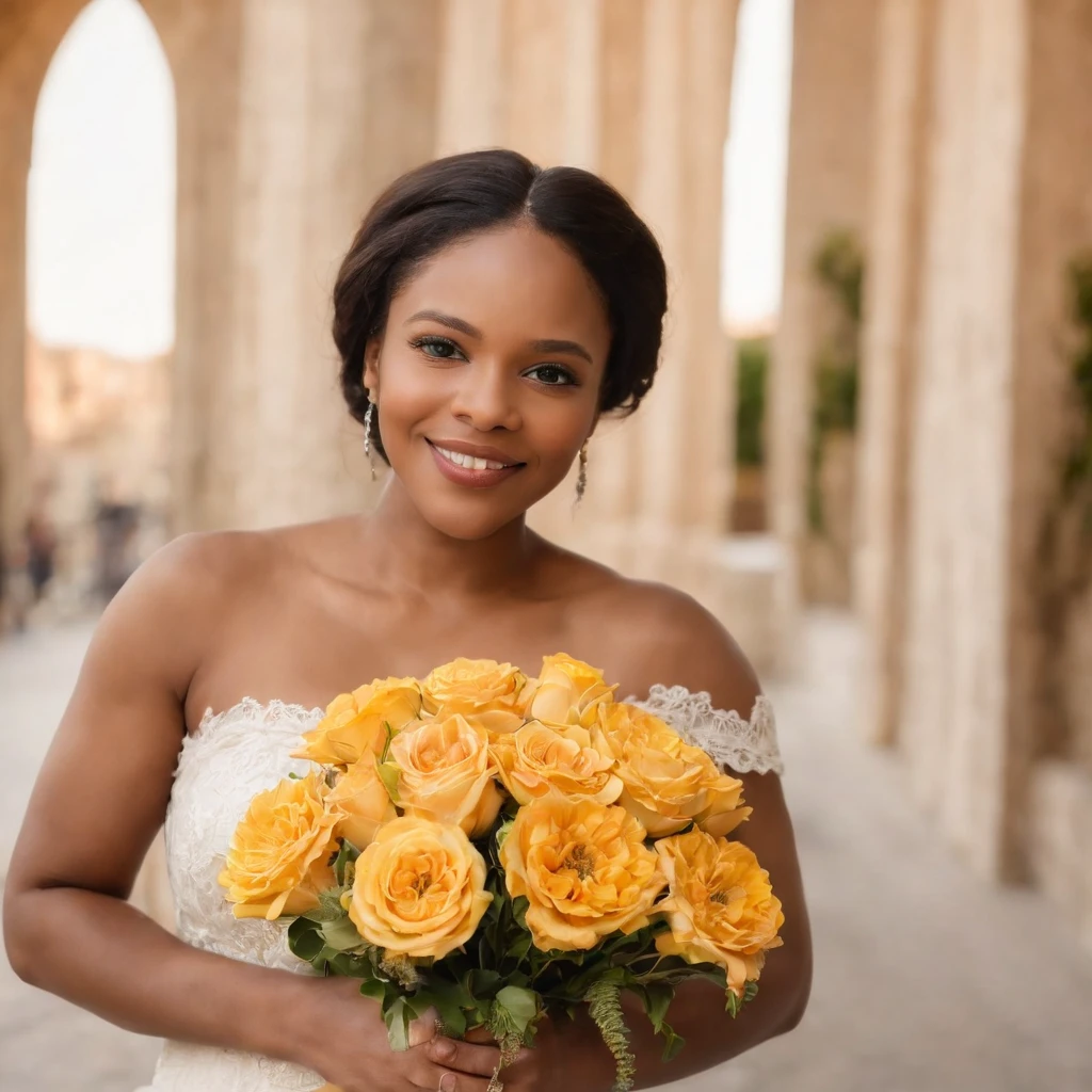 african american woman with bouquet, in the style of spanish school, villagecore, happenings, tokina at-x 11-16mm f/2.8 pro dx ii, joyful and optimistic, nonrepresentational, jewish life scenes  elegant posture