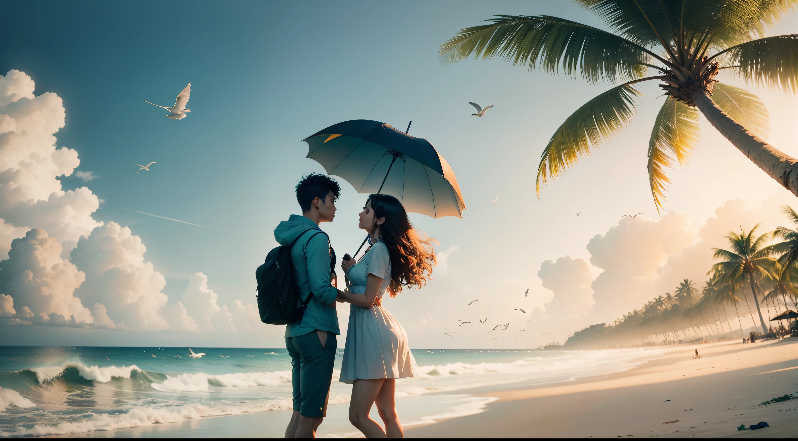A couple, beach, waves, umbrella, birds, trees