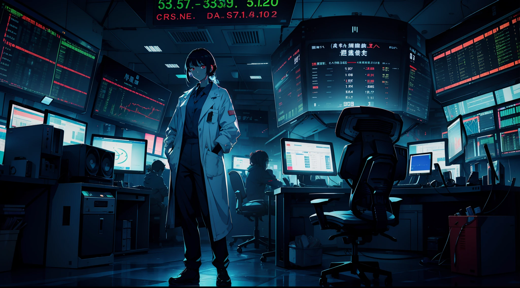 makima standing, watching stock market crashed, computers, tech, neon