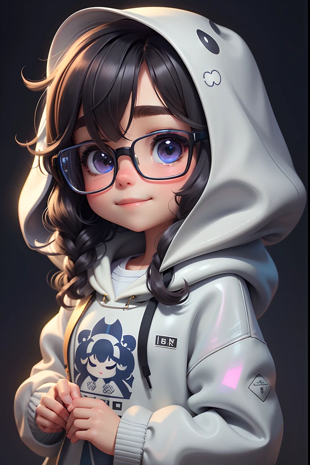 Loli Girl, Blend hair, taken, Modern accessories, hoods, Sweatshirt , eye glass, delicately detailed eyes, A delicate and delicate smile, milkyW, Perosant, holograph,  deep dark background