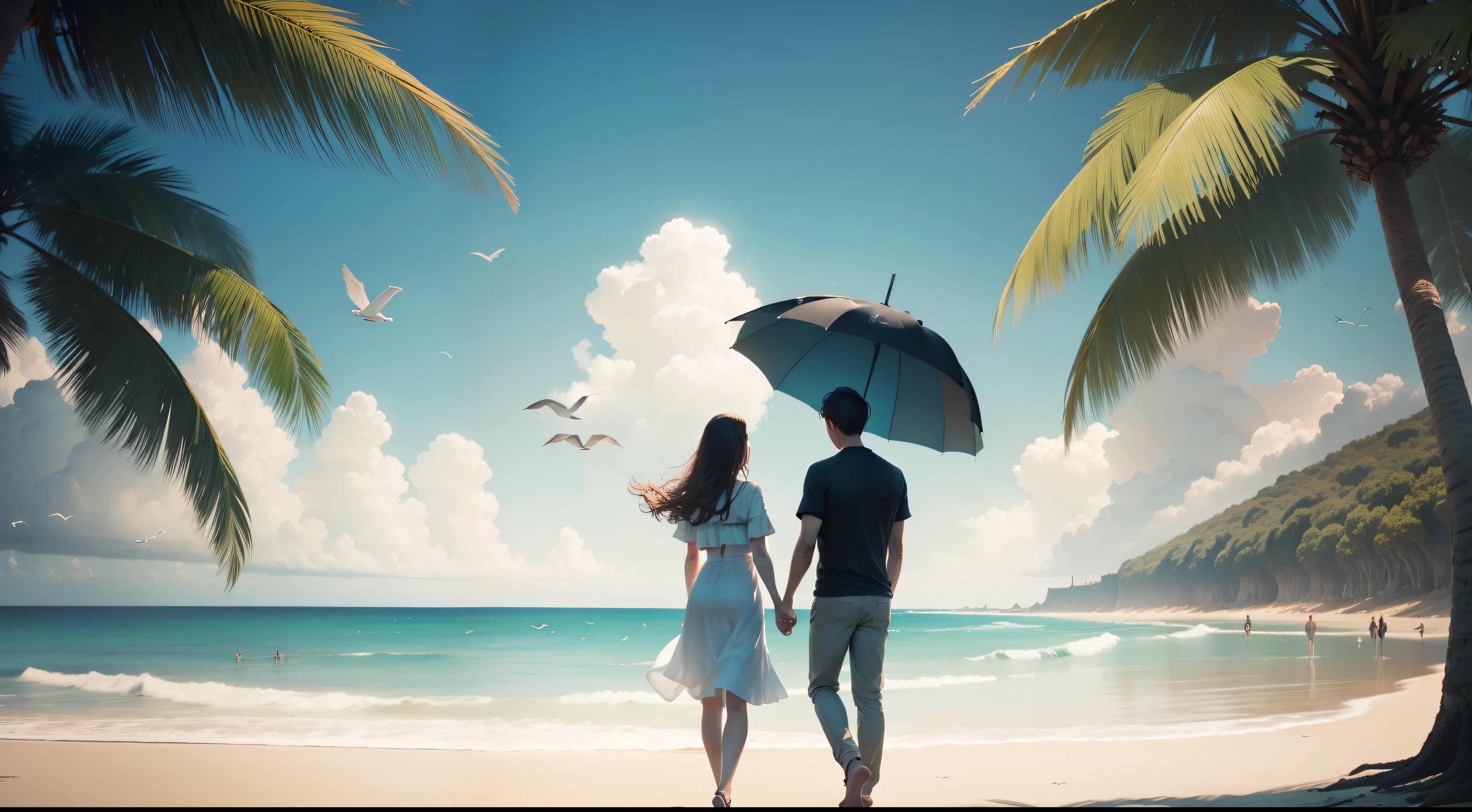 A couple, beach, waves, umbrella, birds, trees