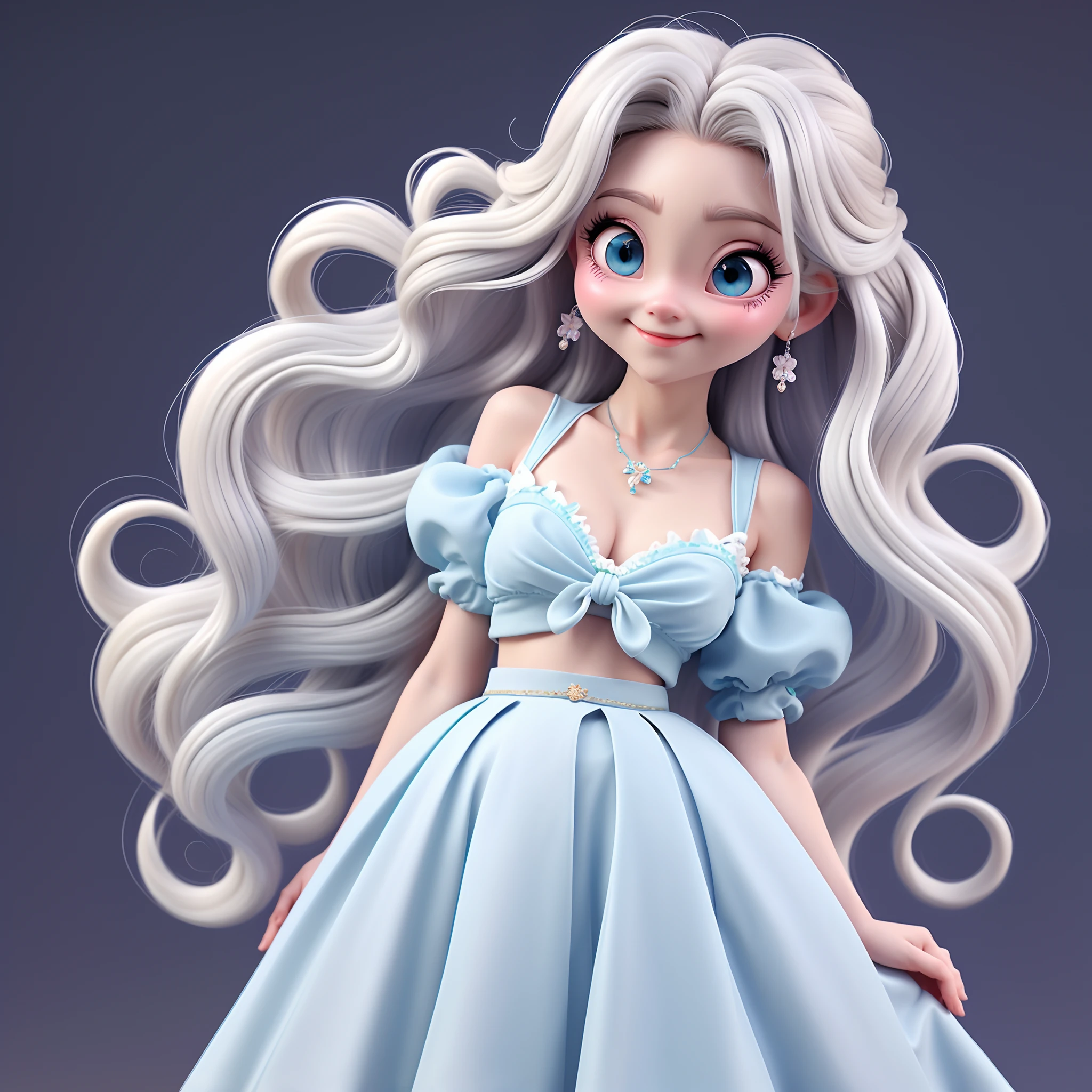 1girll, long whitr hair, eBlue eyes, 耳Nipple Ring, 独奏, Long white dress, looking at viewert, black color hair, ssmile,short detailed hair, Star hair ornaments, cparted lips,Pose poss