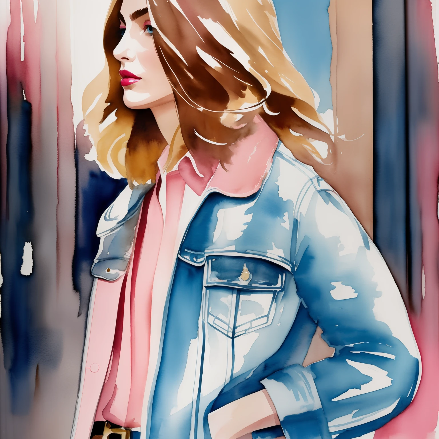 David downton fashion illustration, woman light brown blonde french bob, andreea diaconu, green eyes, gentle pink lipstick, denim jacket, paris street, book shop, natural color, cinematic, watercolor, hand-drown