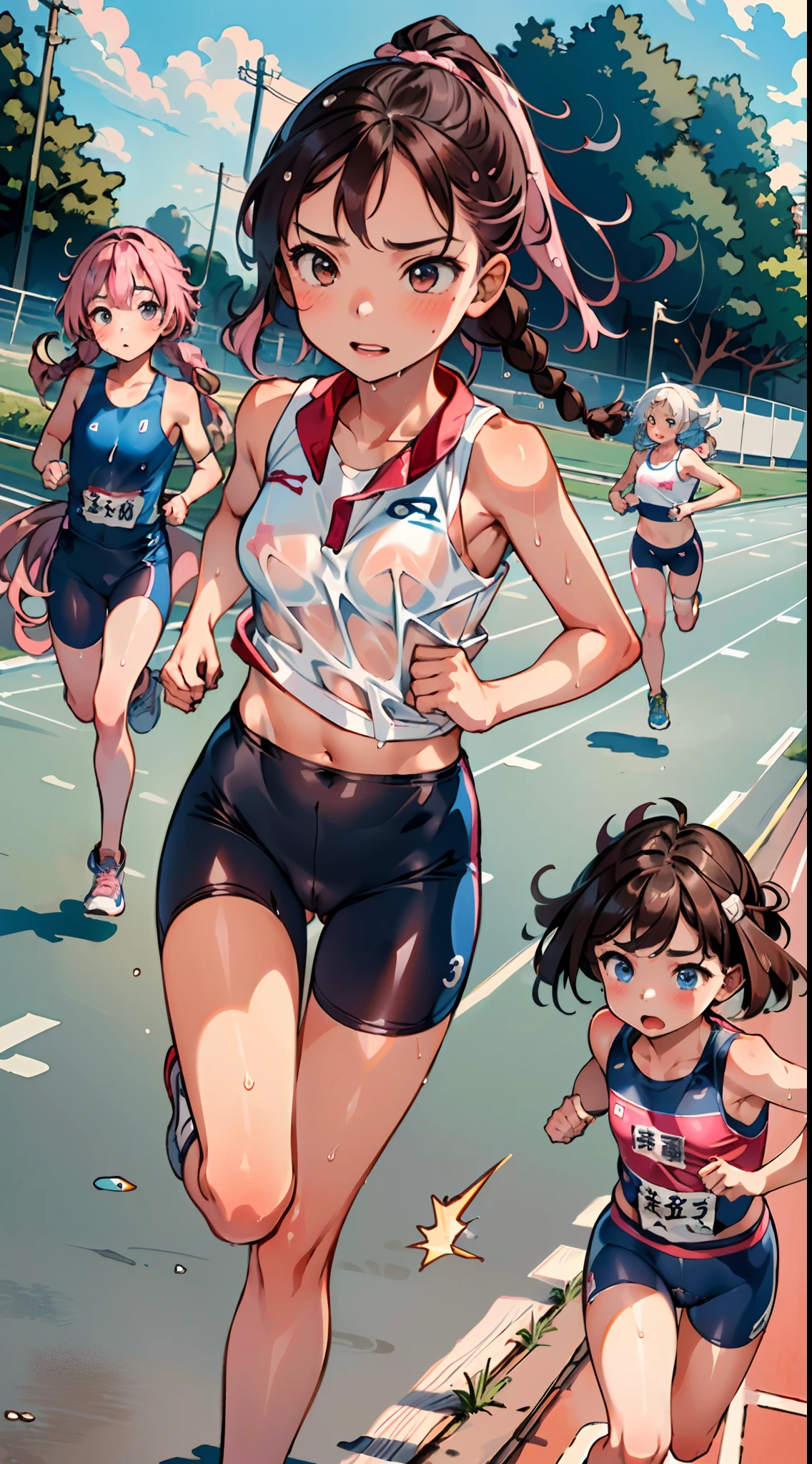 masterpiece, best quality, ultra-detailed, illustration, an extremely delicate and beautiful,high resolution, ultra-detailed,,perfect face,slender perfect body, Tight belly,Toned buttocks,Constricted waist,,(3 girls to running:1.7), 15yo,(1girl to pink hair,1girl to white hair,1girl to brown hair), (1girl to very short hair,1girl to braided long hair,1girl to okappa hair),(hachimaki), shy daughter, short stature, small tits,(flom track and field), (fashionable track and field athlete),(bike shorts), small tits, (wet:1.2), track and field,stadium,((very wide shot )),(cameltoe),( visible through clothes:1.2)