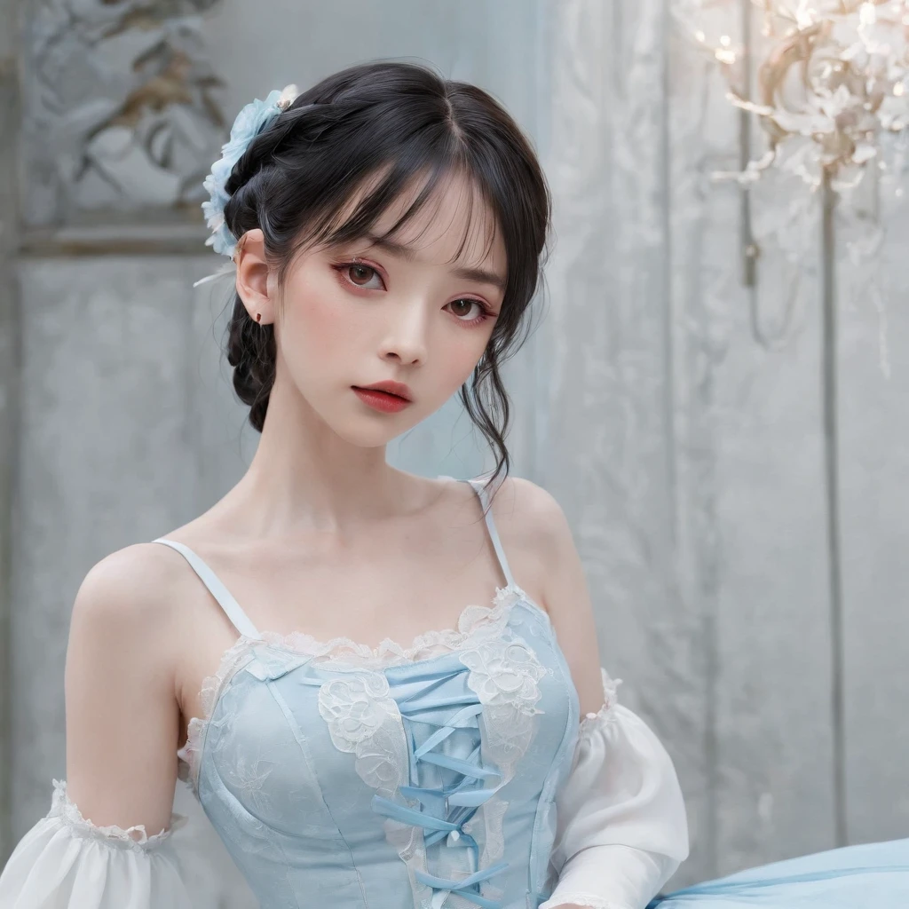 A 18 year old beautiful and cute japanese girl with long black braids, fair skin and very light makeup, wearing in ballet girl style, a light blue lolita top and white short sleeves, a white mini lolita skirt, white leg socks, white Mary Jane shoes, Fair and smooth skin, moist red lips, small nose, thin bracelet, full body, in color of bright and romantic, Thin, vest line, beautiful collarbone, clear jawline, cold war core, in the style of fumi kojima, ornate rococo style, in color of crimson and light golden, in style of romantic and passion, yoann lossel, zone system, dark and scarlet, balanced asymmetry, movie scene, long shot, One point perspective, Tyndall effect, best quality, uhd, superdetailed