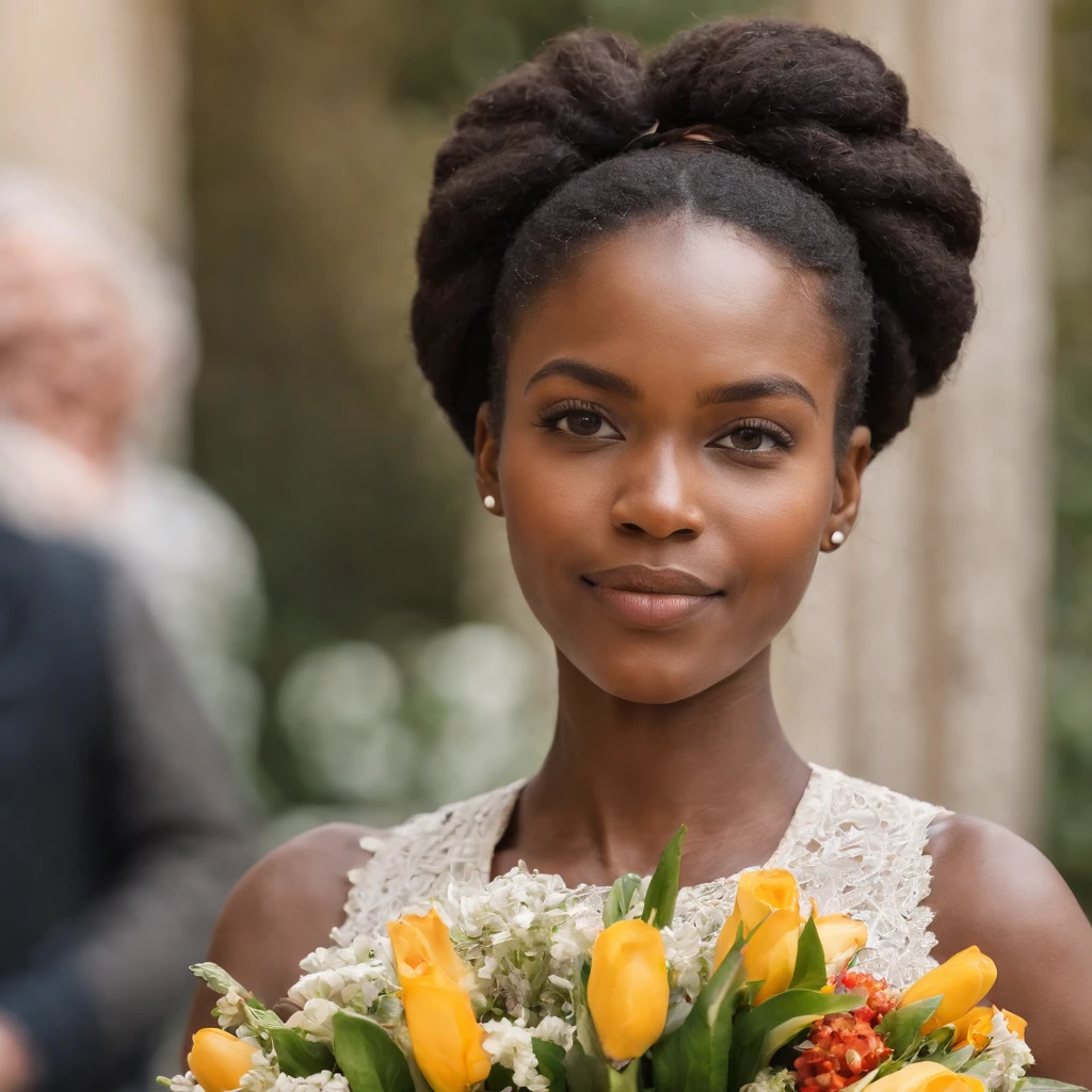 African woman with bouquet, spanish school style, villagecore, event, tokina at-x 11-16mm f/2.8 pro dx ii, happy optimistic, non-representational, jewish life scene elegant pose