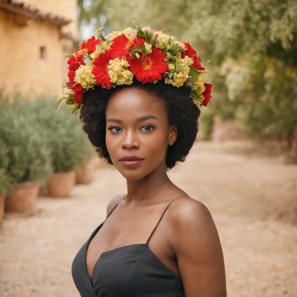 African woman with bouquet, spanish school style, villagecore, event, tokina at-x 11-16mm f/2.8 pro dx ii, happy optimistic, non-representational, jewish life scene elegant pose