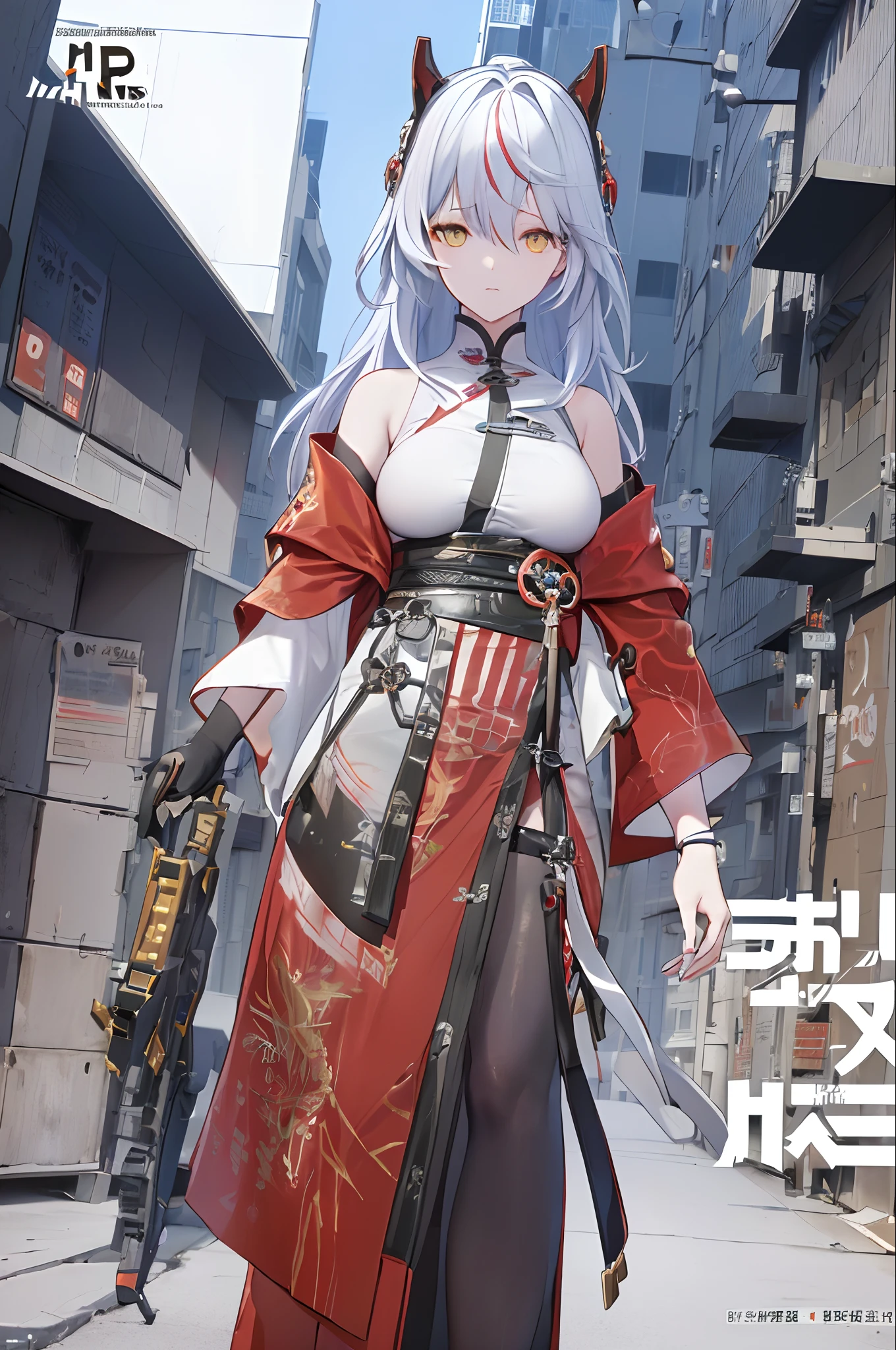 ((((Dramatic))), (((grittiness))), (((Intense))) The movie poster features a young long gray hair with yellow eye woman as the central character。She stands confidently in the center of the poster,Wear fashion-forward cyborg-futuristic outfits,with a determined expression on her face。The background is dark and gritty,There is a sense of danger and a strong feeling。The text is bold and eye-catching,With catchy slogans,Adds to the overall drama and excitement。The color palette is dominated by dark colors,Dotted with bright colors,Make the poster dynamic and visually striking,tachi-e (Magazines:1.3), (Cover-style:1.3), Fashionab, woman, vibrant, Outfit, posing on a, Front,rich colourful,dyna,Background with,element in,self-assured,Expressing the,halter,statement,Attachment,A majestic,coil,Runt,Touching pubic area,Scenes,text,Cover of a,boldness,attention-grabbing,titles,Fashionab,typeface,Catchy,titles,more big,Smart、moderno、Trendy、focus-on、Fashionab、,tmasterpiece,Need,Best quality at best,Hyper-detailing,8K ,hyper HD