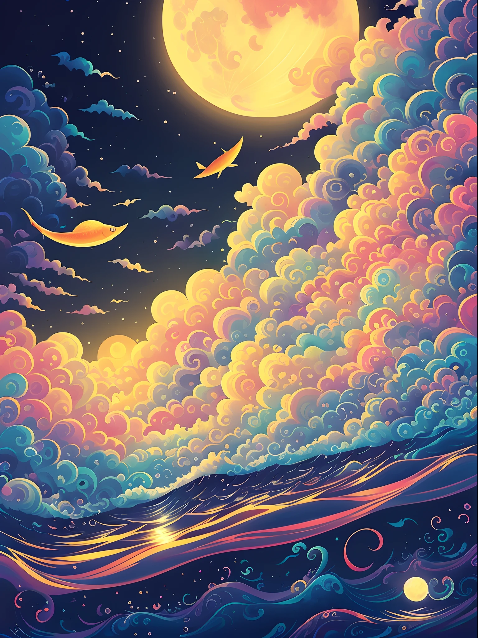 Illustration of full moon and sea with many clouds, spray,The fish,jen bartel, colorful flat surreal ethereal, A beautiful artwork illustration, Inspired by Cyril Rolando, colorful swirly magical clouds, victo ngai! cmyk palette, in the style of Cyril Rolando, colorful concept art, dreamy psychedelic anime, Colorful illustration