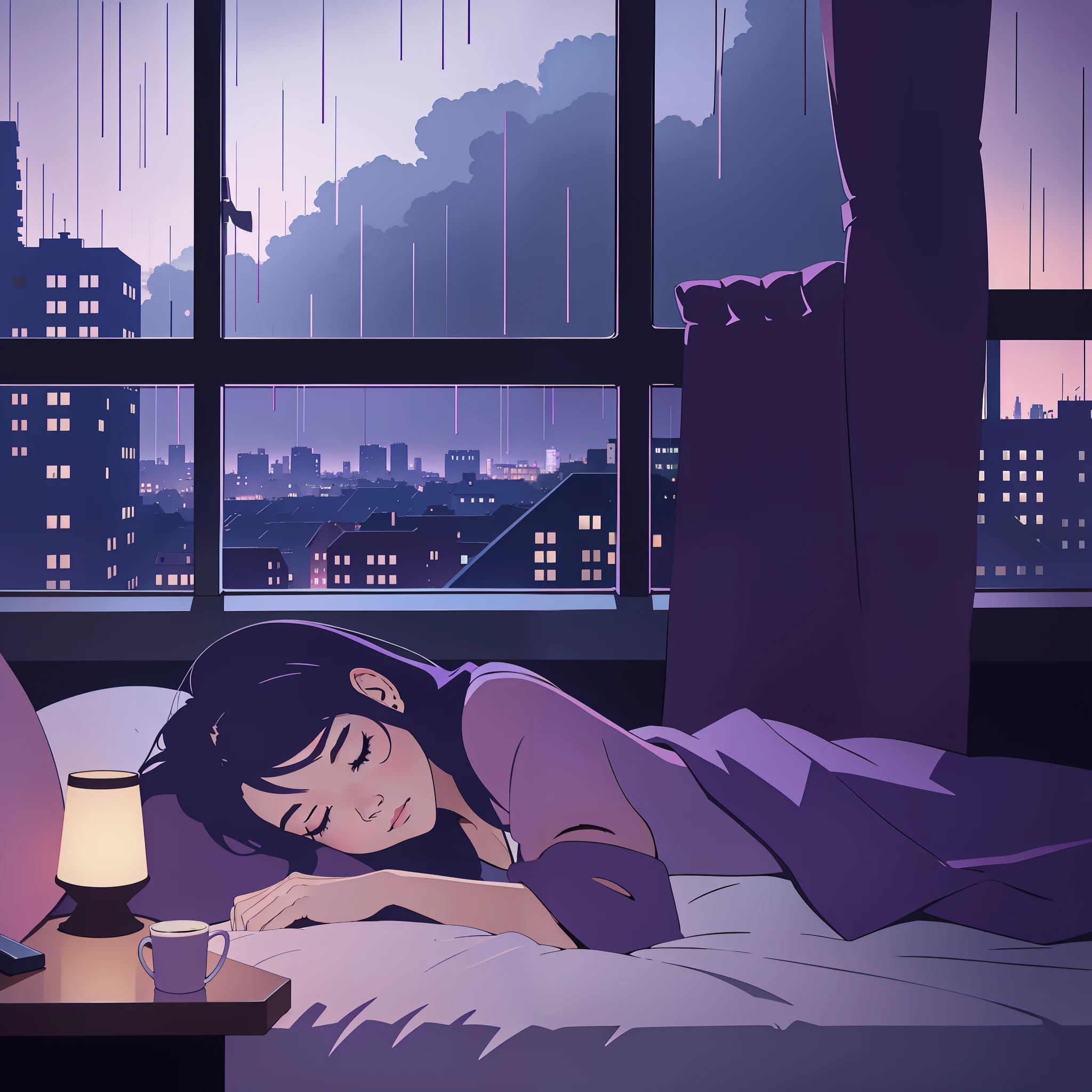 girl laying down listeting to music in bed near the window, beautifu view of a cloudy rainy city behind window, cozy room, purple red and blue tones, raining outside, wide angle camera