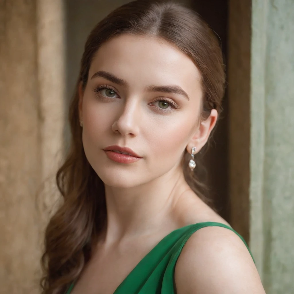 a young woman in a green dress wearing earrings, in the style of uhd image, wollensak 127mm f/4.7 ektar, translucent color, groovy, associated press photo, bold fashion photography, flickr --ar 2:3 . style raw
