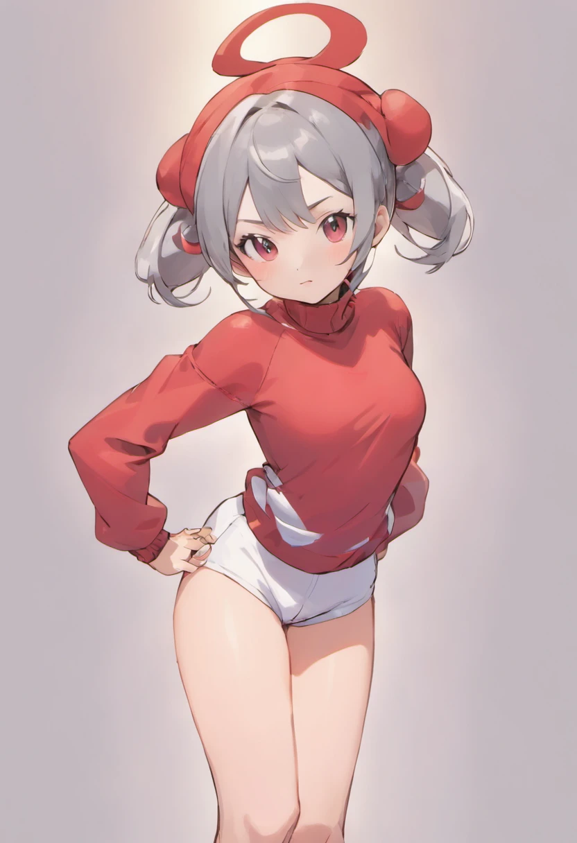 One girl、Composition of the subject seen from the front、Long Sleeve Red Turtleneck Knit、White shorts、red headwear、Gray ponytail、Pose with one arm thrust forward、