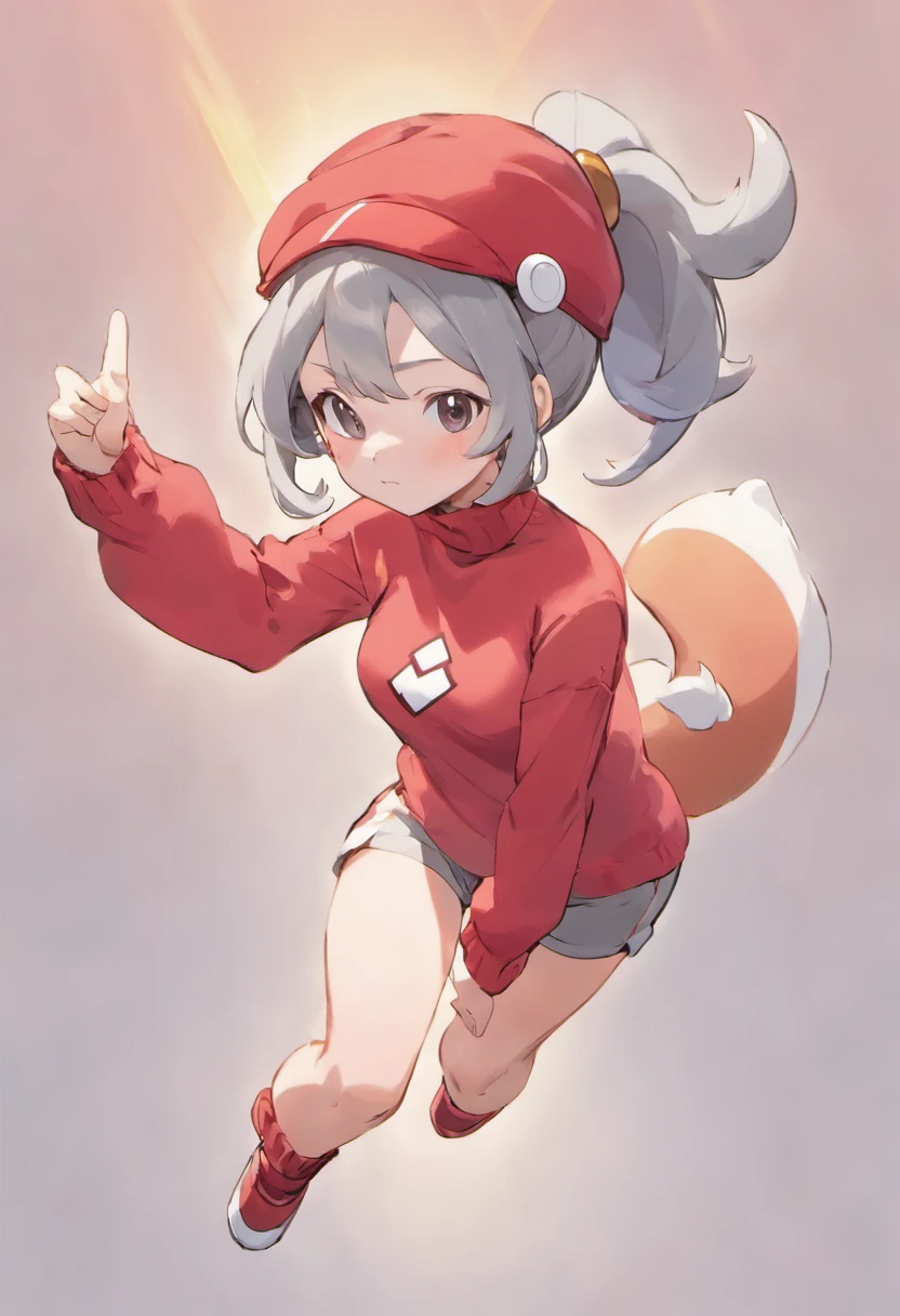 One girl、Composition of the subject seen from the front、Long Sleeve Red Turtleneck Knit、White shorts、red headwear、Gray ponytail、Pose with one arm thrust forward、
