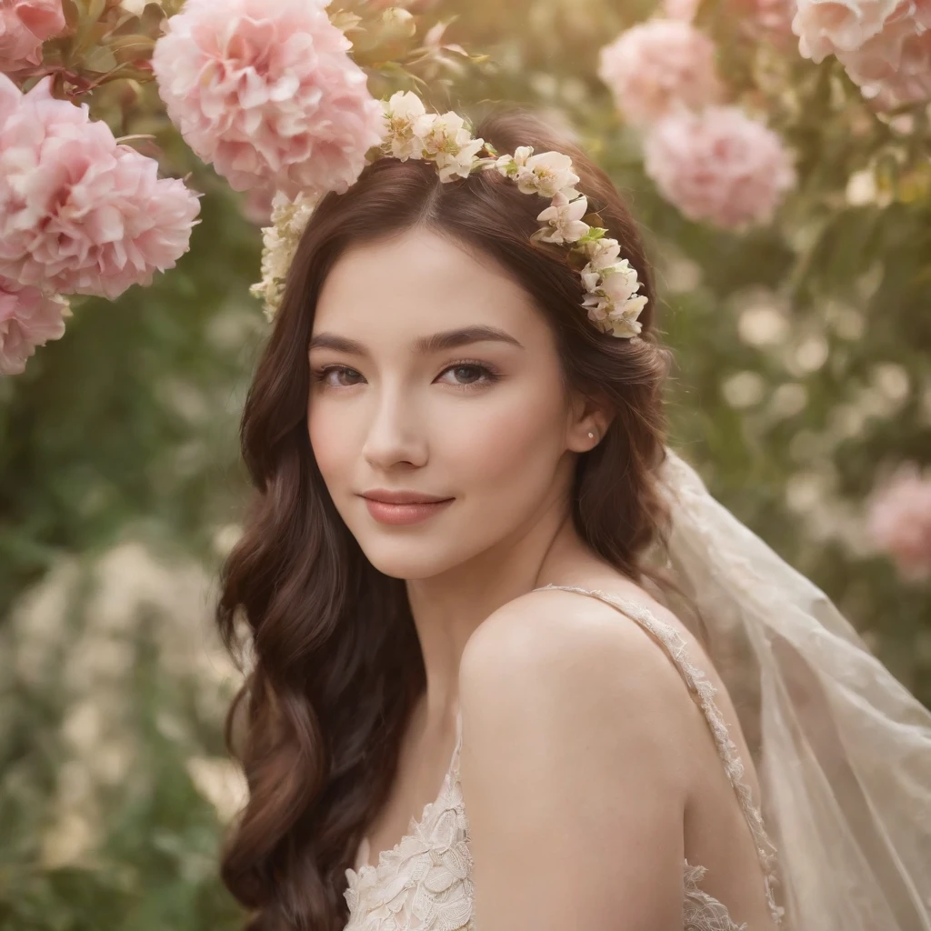 a young woman covered in flowers with a smile on her face, in the style of surrealistic dreamlike scenes, asian-inspired, macro photography, pompeo batoni, fragmented portraiture, highly realistic, high-angle --ar 250:167 --v 5.1 --style raw