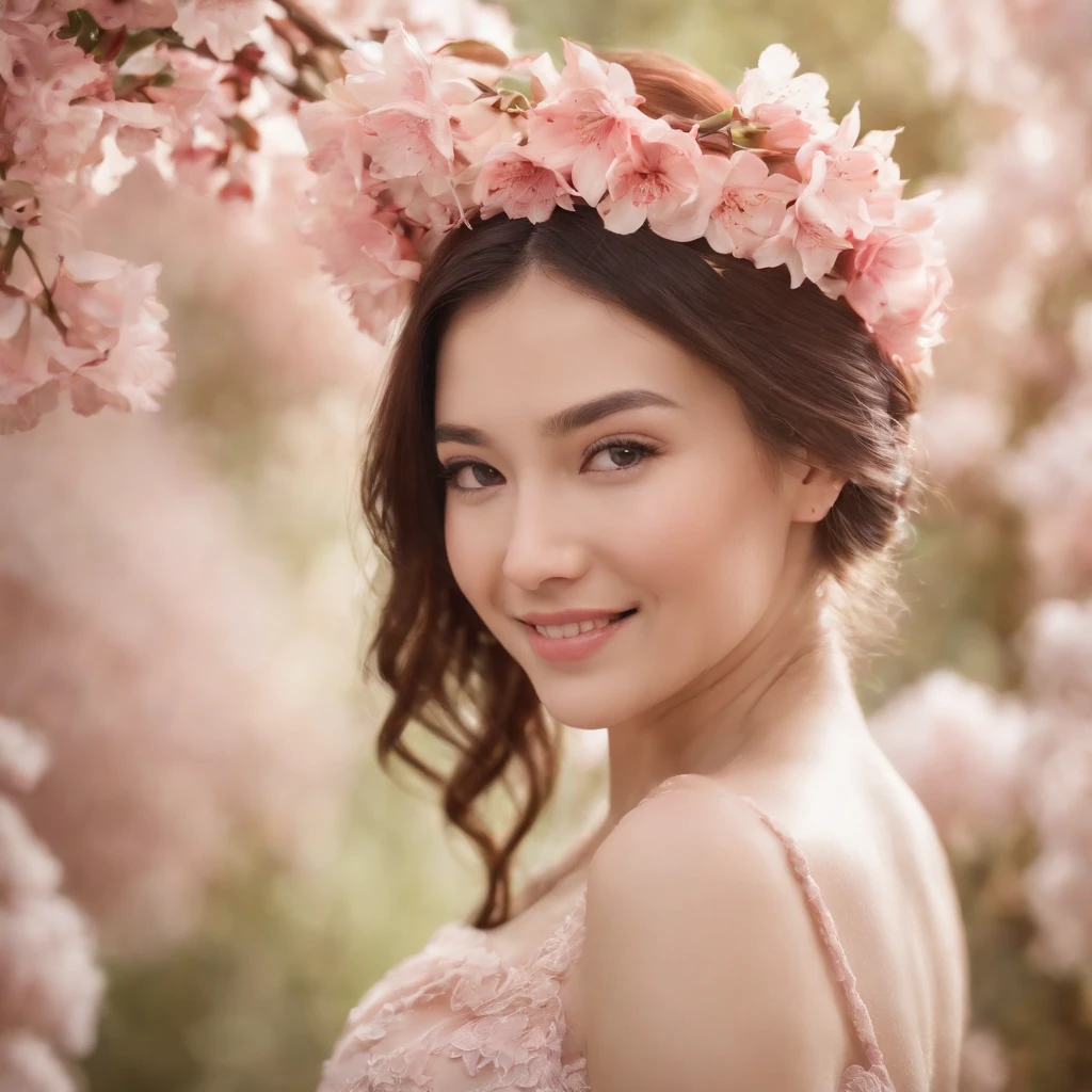 Beautiful woman with flowers and a crown of flowers in her hair, (smiling as much as possible:1.5), hair flyer, (black hair: 1.5), (black eyes: 1.5), (Japan people: 1.0), flower storm portrait, flower woman, hair flower, hair flower, flower girl, flower goddess, beautiful portrait photo, girl with flower head, perky woman made of petals, portrait of a woman with flowers, Girl at the front of the flower garden