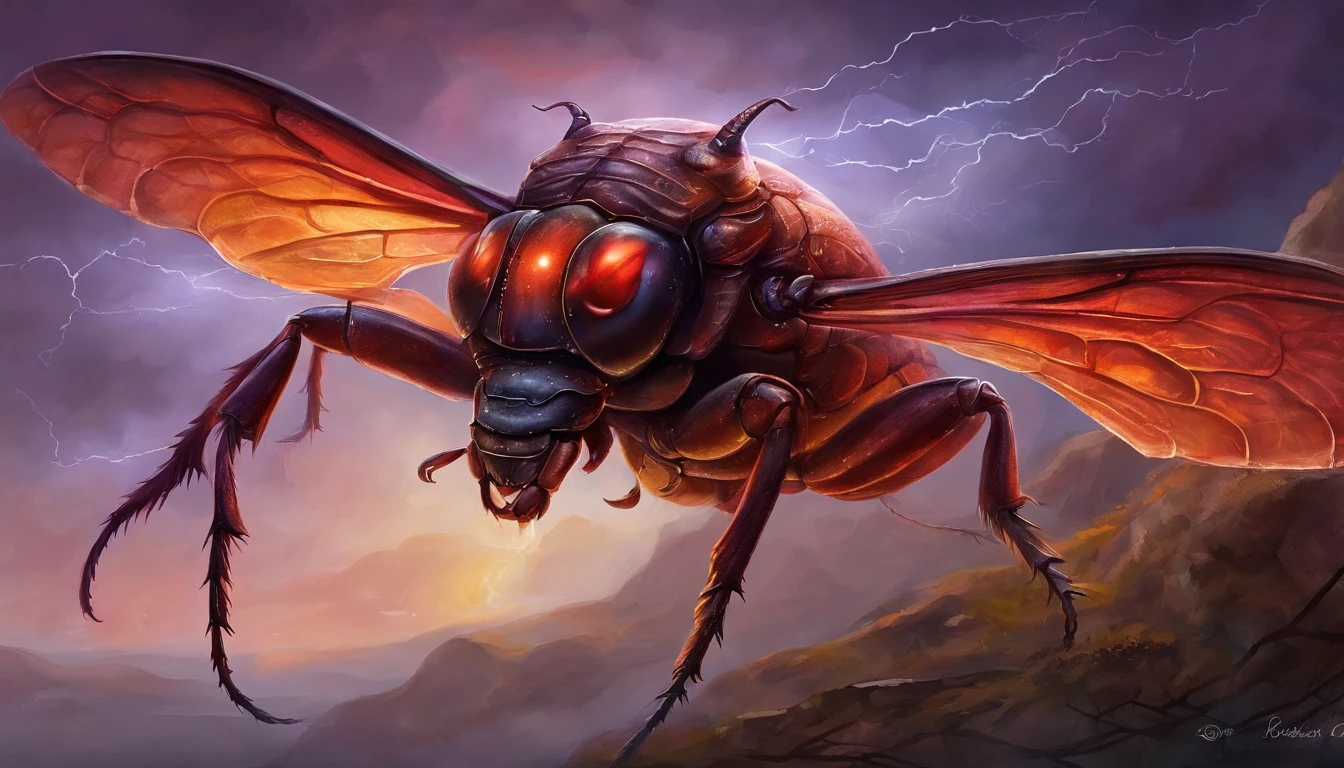 masutepiece, Close-up of a majestic beetle,Fit and fit,A soaring gaze focused on the screen,Red tone,Highest quality view, Dramatic Lighting, Intricate details, Sharp Focus, 16 K, Advancer, Professional illustration, fluorescent flowers, (Hanging glowing crystal), vines, Mountains in illuminated background々, (Wizard Tower:0.8), Fantasy, Lightning, (Night:1.2), (Full view)