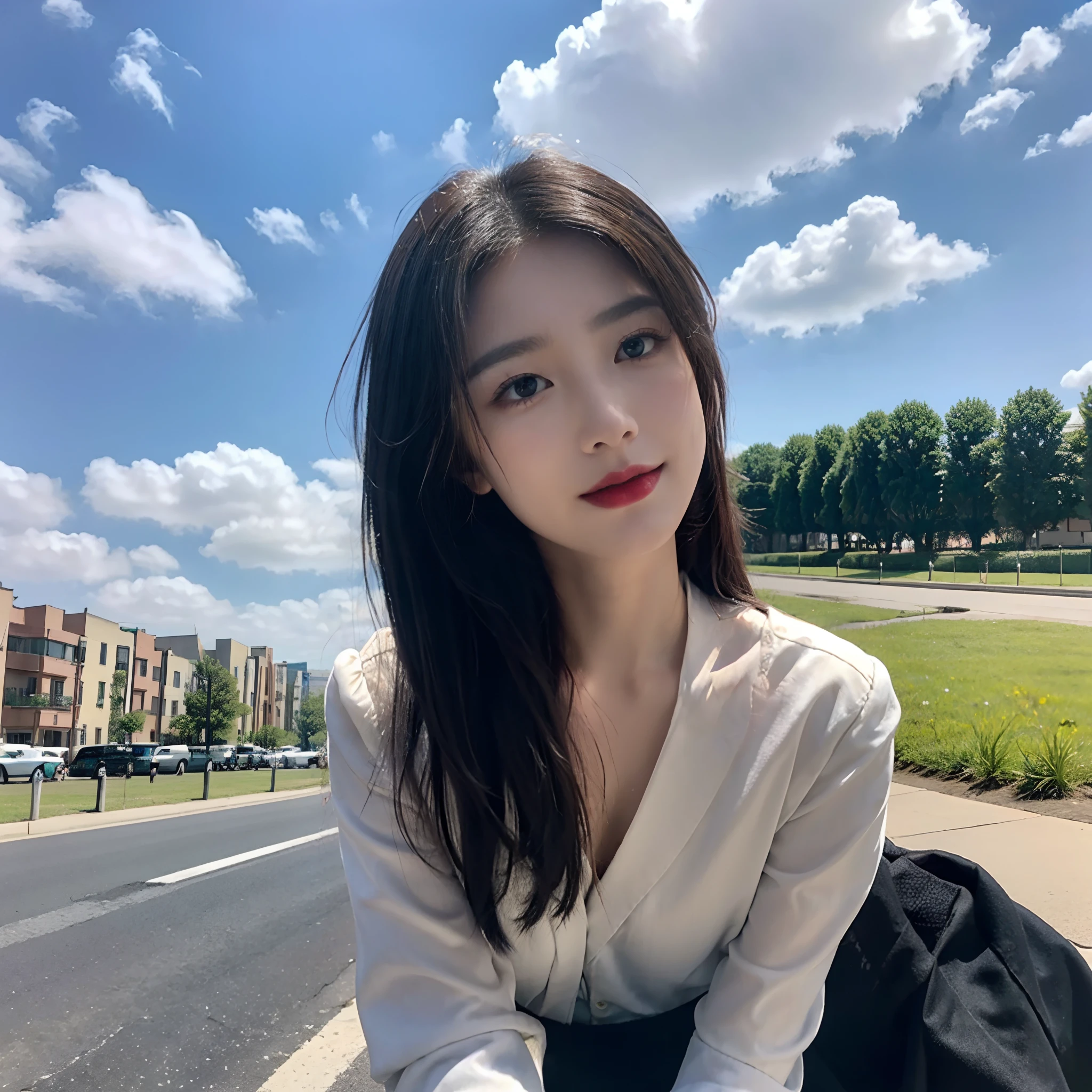 ((best quility, 8K, A masterpiece:1.3)), A pretty maiden，Also，Melon seed face，Gentle and lovely，Sweet smile，Pure desire，Slim body，(front face)，(Tilt your head)，staring straight into the camera，uniform, obi, formal，Long black silk, straight hair，Long hair flowed over his shoulders，Large round black eyes，Big clear eyes，Hydrated red lips，sweet，Sit on the side of the road，the blue sky and white clouds，Blue sky，grassy fields，buildings，