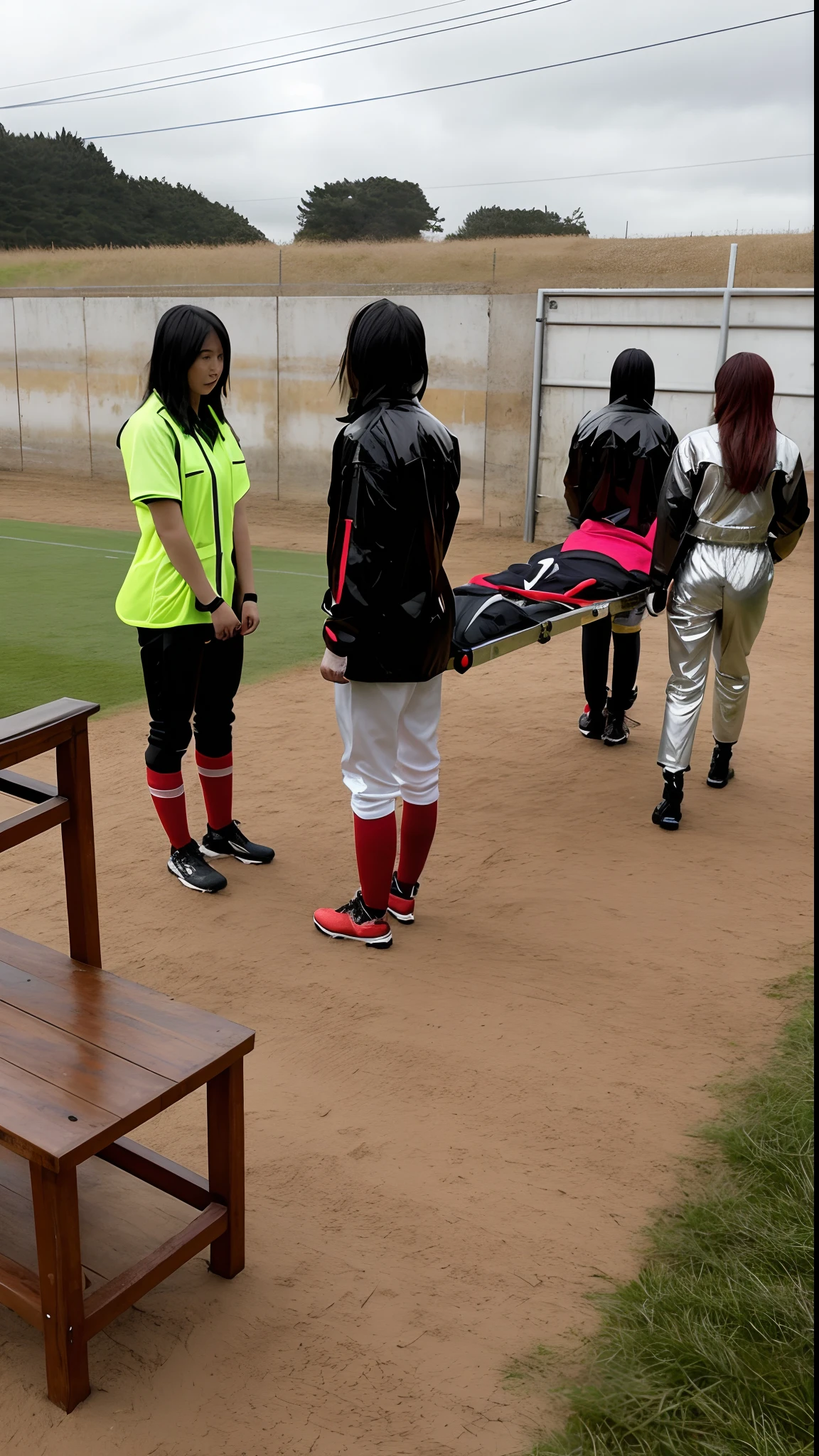 There is a man lying on his back on a stretcher with his hands covering his face, a man in a t-shirt and sports shorts has put his hands over his face, the man has his agonised face looking to the sky, two horny looking women are seen from behind in very shiny coats, there are seen two women from behind wearing laquered puffy coats, pityful women are walking in wetlook puffy coats, several women walking around a football field with an injured athlete on a stretcher, the injured athlete on the stretcher is grabbing his injured leg with both hands, the women look very worried, behind the women there is a frightening atmosphere, there is heavy rainfall in the background, video still, behind the scenes, pity, china, erotic, horny, drama, women in shiny coats are carrying a man on a stretcher in a field, football hooligans, over-shoulder shot, on a soccer field, very sad, sad scene, realistic scene, injured, on the field, photo taken from behind, over the shoulder shot, looking partly to the left, on a football field, realistic shot