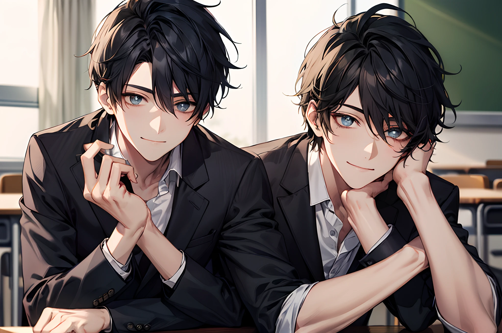 Men's，short detailed hair，black colored hair，（Eye 1：2，Clear eyes，Elaborate Eyes，Delicate pupils，Good eyes，eye detailed），Face Focus，Adult，In black suit，best qualtiy，facial detailing，‎Classroom，sit on desk，sitting in the couch，lazy，细致背景，diffuse sunlight，depth of fields，Studying　Smiling at your desk