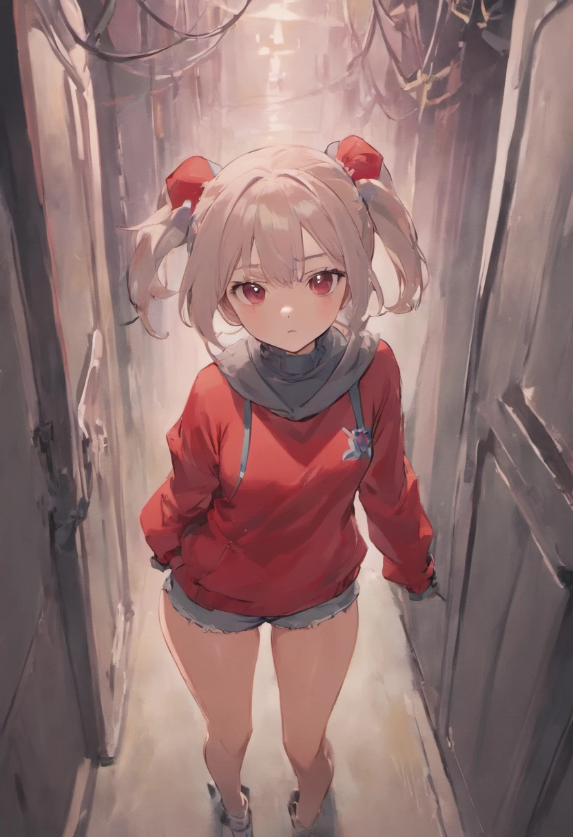 One girl、Composition of the subject seen from the front、Long Sleeve Red Turtleneck Knit、White shorts、red headwear、Gray ponytail、Pose with one arm thrust forward、