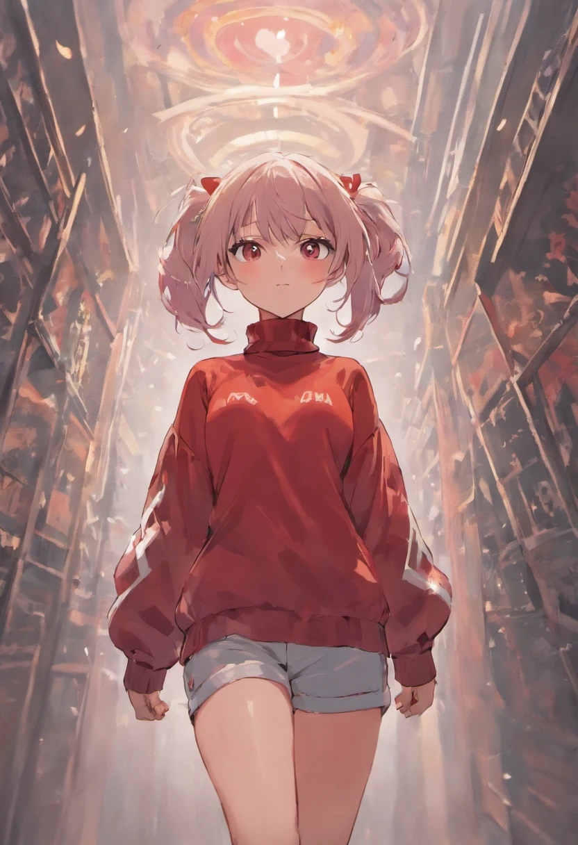 One girl、Composition of the subject seen from the front、Long Sleeve Red Turtleneck Knit、White shorts、red headwear、Gray ponytail、Pose with one arm thrust forward、