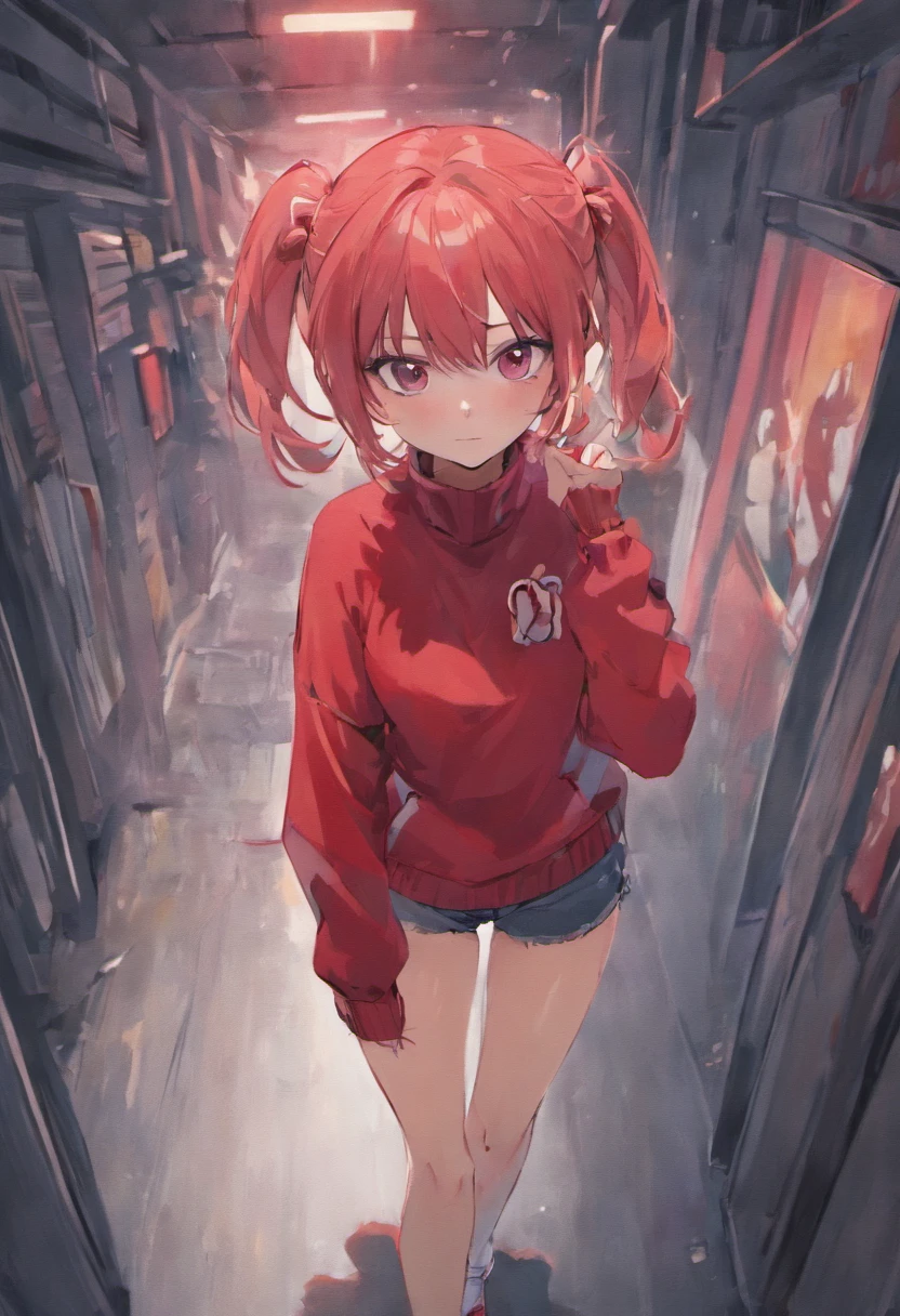 One girl、Composition of the subject seen from the front、Long Sleeve Red Turtleneck Knit、White shorts、red headwear、Gray ponytail、Pose with one arm thrust forward、
