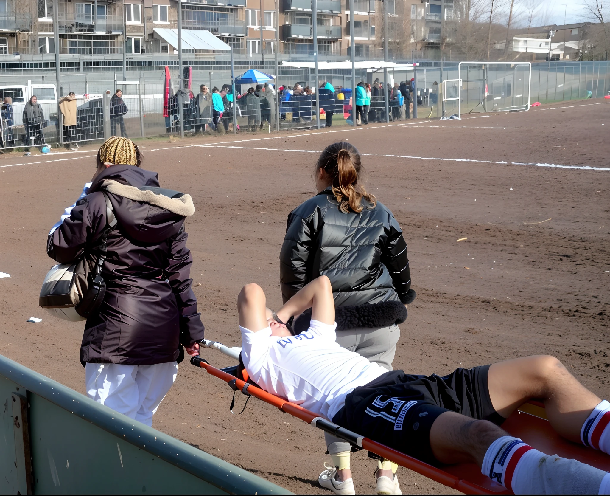 There is a man lying on his back on a stretcher with his hands covering his face, a man in a t-shirt and sports shorts has put his hands over his face, the man has his agonised face looking to the sky, two horny looking women are seen from behind in very shiny coats, there are seen two women from behind wearing laquered puffy coats, pityful women are walking in wetlook puffy coats, several women walking around a football field with an injured athlete on a stretcher, the injured athlete on the stretcher is grabbing his injured leg with both hands, the women look very worried, behind the women there is a frightening atmosphere, there is heavy rainfall in the background, video still, behind the scenes, pity, china, erotic, horny, drama, women in shiny coats are carrying a man on a stretcher in a field, football hooligans, over-shoulder shot, on a soccer field, very sad, sad scene, realistic scene, injured, on the field, photo taken from behind, over the shoulder shot, looking partly to the left, on a football field, realistic shot