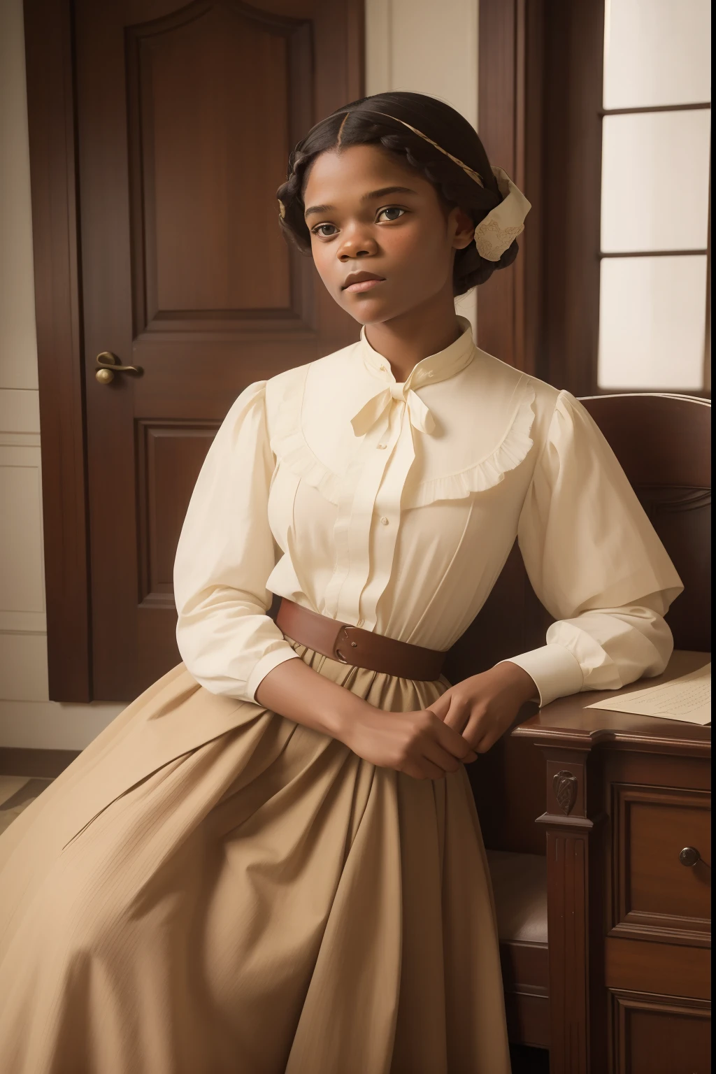 pre-raphaelite portrait of ((Letitia Wright)) dressed in ((1910s clothes)), skirt and shirt, inside a mansion