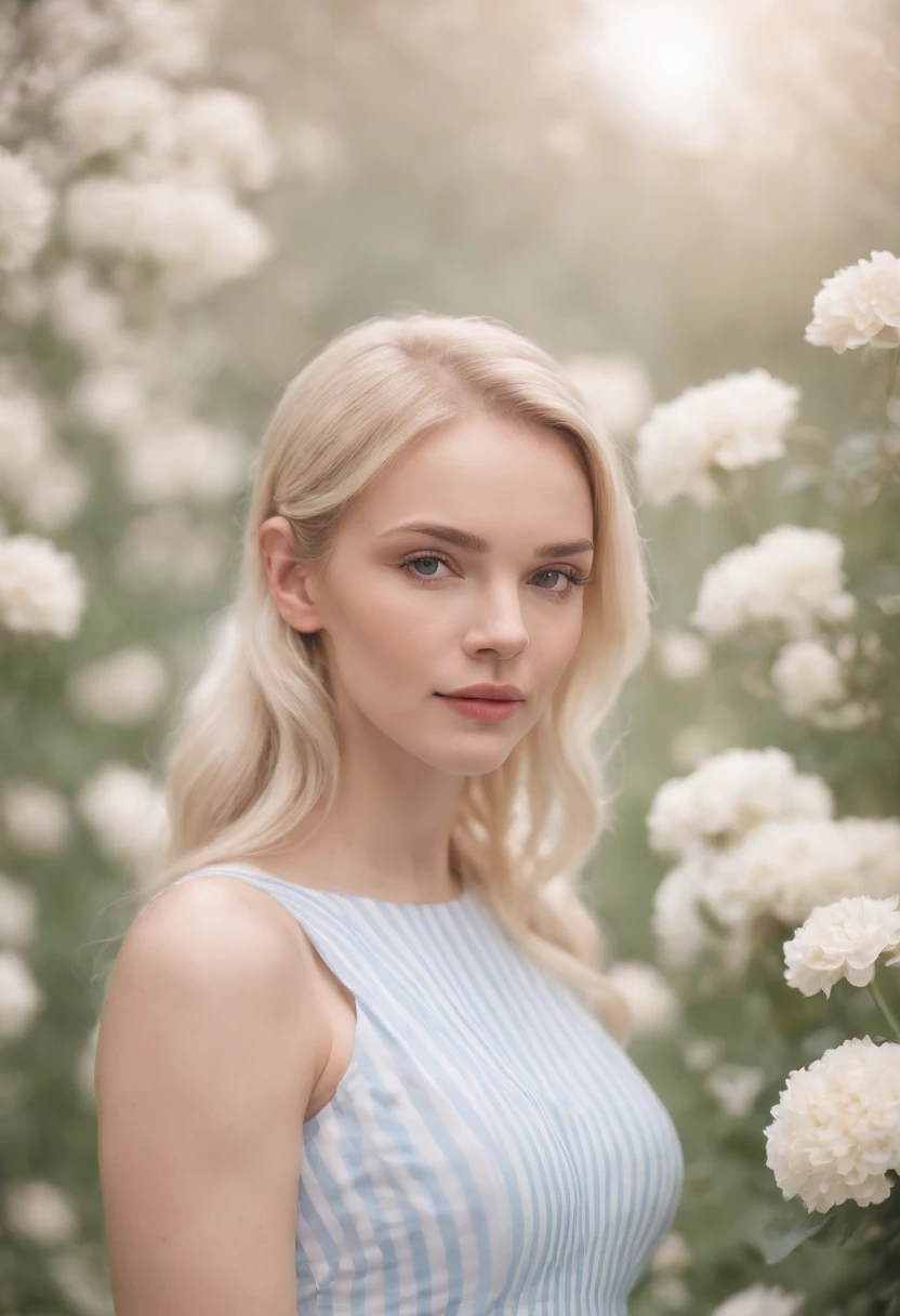 blonde woman, in a white/light blue vertical striped dress, flowers in front, close up to her waist, pastel colors, bokeh style, high quality photo.