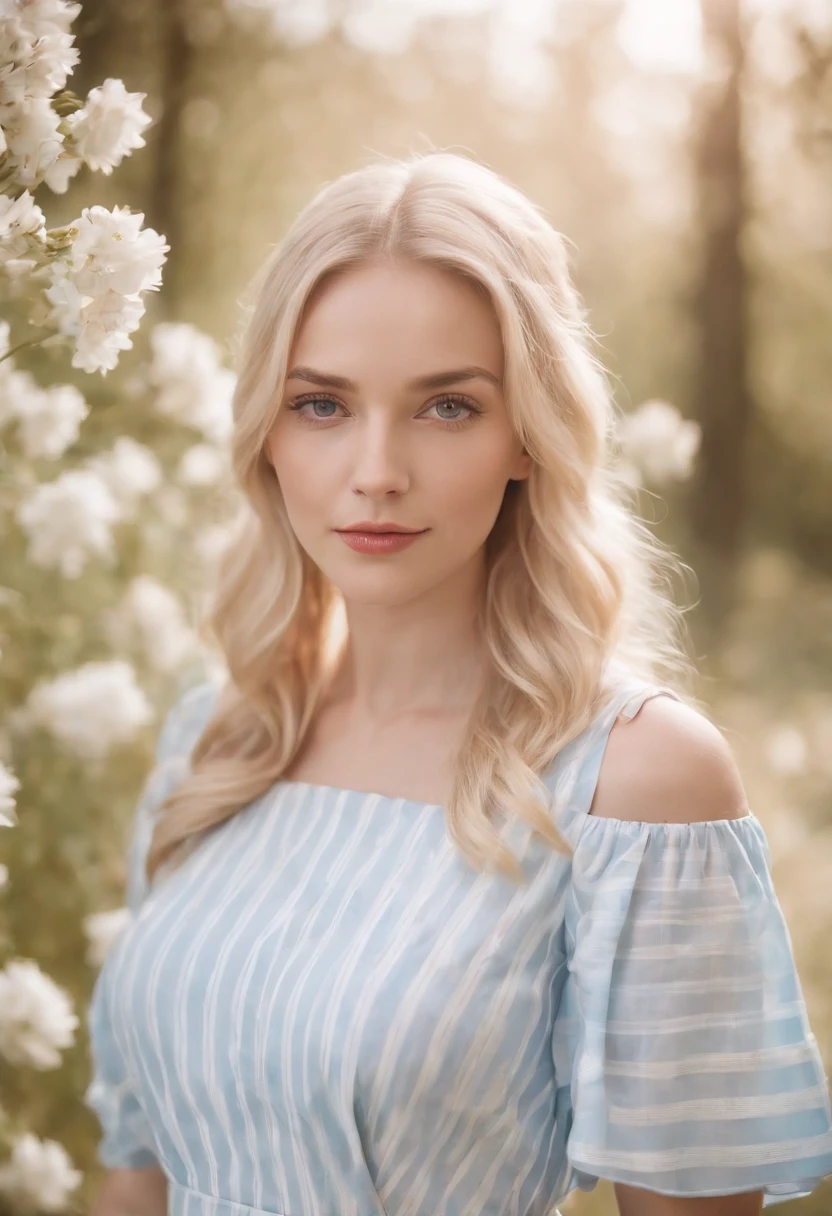 blonde woman, in a white/light blue vertical striped dress, flowers in front, close up to her waist, pastel colors, bokeh style, high quality photo.