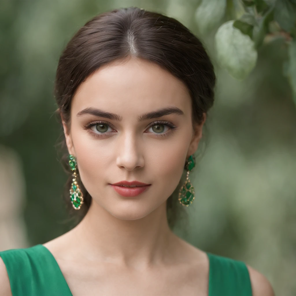 a young woman in a green dress wearing earrings, in the style of uhd image, wollensak 127mm f/4.7 ektar, translucent color, groovy, associated press photo, bold fashion photography, flickr --ar 2:3 . style raw