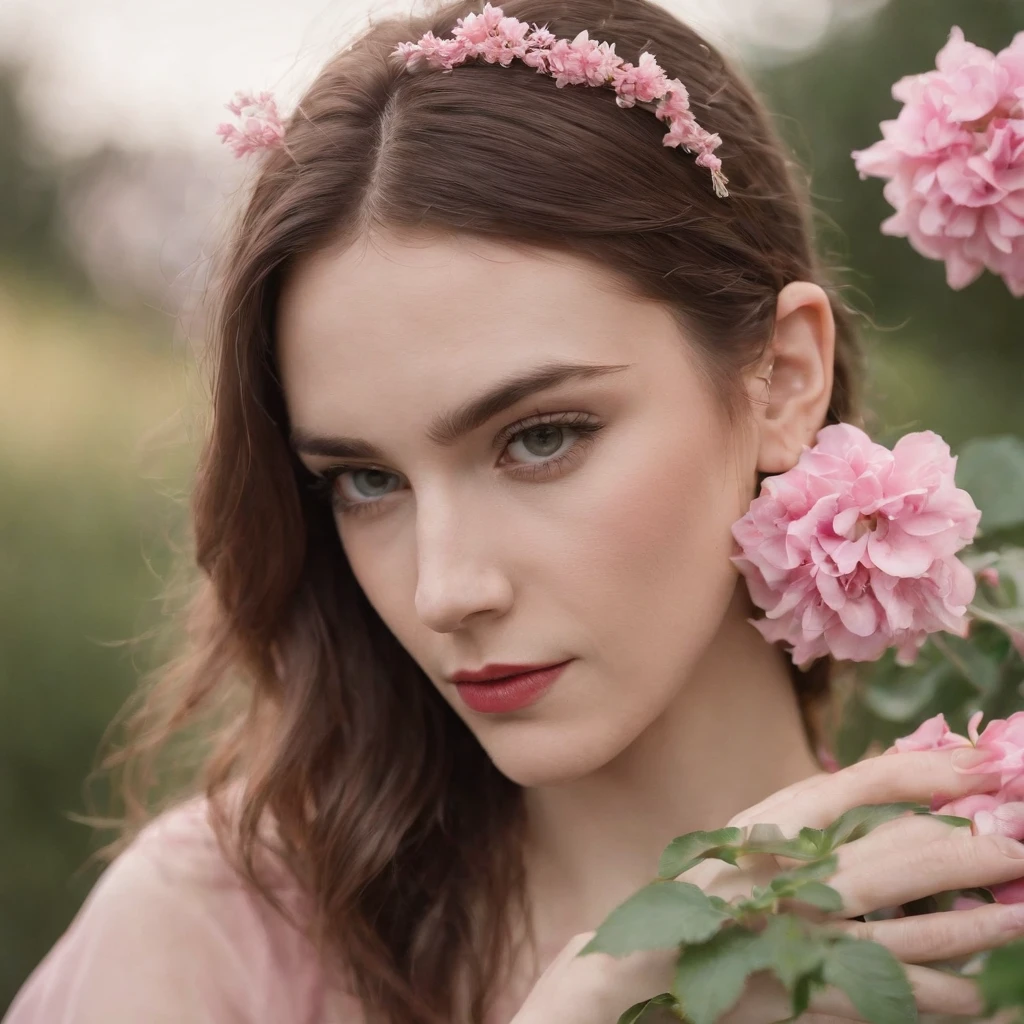 girl on a flower, in the style of androgynous, wollensak 127mm f/4.7 ektar, white and pink, uhd image, punk rock aesthetic, detailed facial features, feminine sensibilities . --ar 133:201 --v 5.1 --style raw