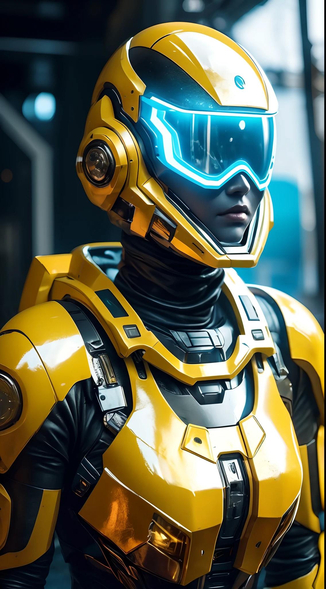 Random color sci-fi female armor,Dynamic pose，With cybernetic helmet, Full armor, Insulating armor, Spacesuit, Opacity mask, bald-headed, Lots of fine details, sci - fi movie style, photo outdoors, Photography, Natural light, Realism, Movie rendering, Ray tracing, Highest quality