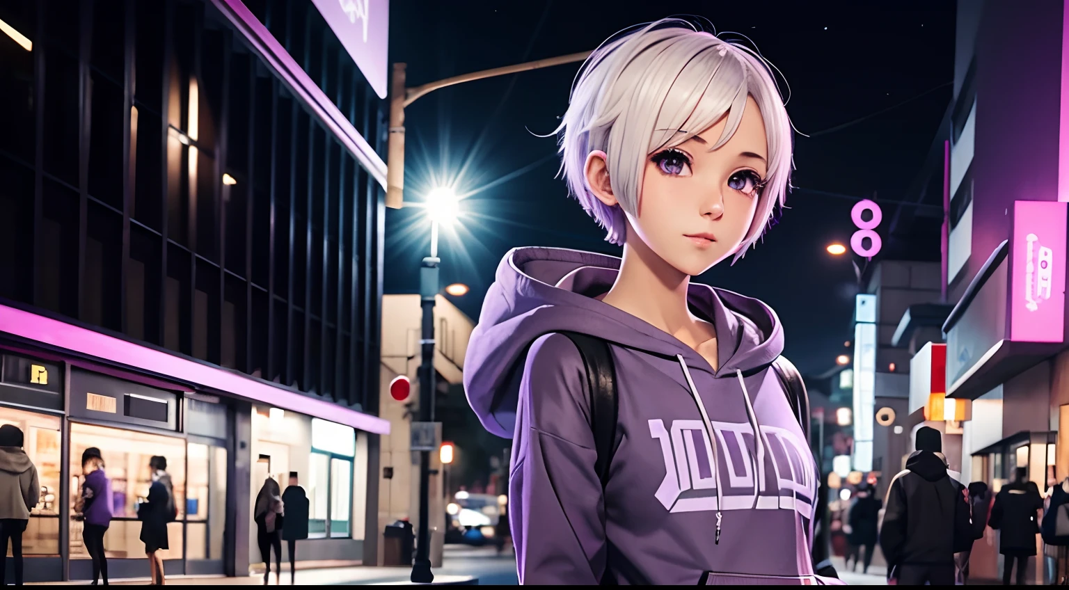 anime girl, white short hair, purple eyes, hoodie, pc, streamer, vtuber, street style