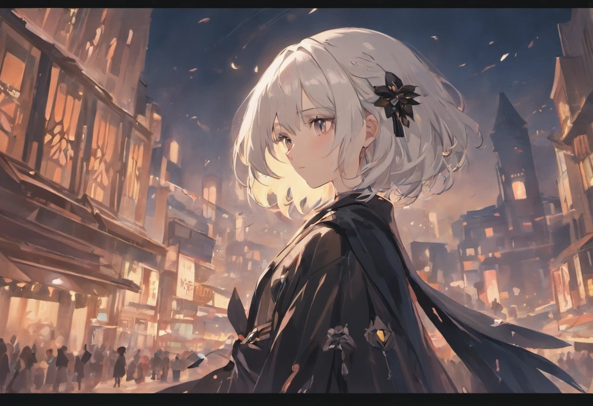 Style: Urban simplicity, Old money style, 1girl, shoulder length tied white hair, black hat with 2 feathers, wearing black clothing and black skirt, dystopian, high res, ultrasharp, 8k, masterpiece,