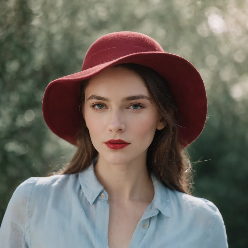 young woman in hat wearing a shirt over her head, in the style of light sky-blue and dark red, fujifilm pro 400h, kintsugi, alex colville, uhd image, troubadour style, fauvist portraiture --ar 37:56 --v 5.1