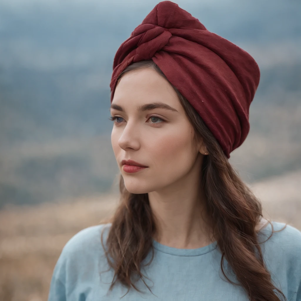 young woman in hat wearing a shirt over her head, in the style of light sky-blue and dark red, fujifilm pro 400h, kintsugi, alex colville, uhd image, troubadour style, fauvist portraiture --ar 37:56 --v 5.1