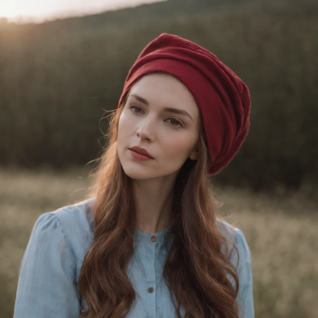 young woman in hat wearing a shirt over her head, in the style of light sky-blue and dark red, fujifilm pro 400h, kintsugi, alex colville, uhd image, troubadour style, fauvist portraiture  --ar 37:56 --v 5.1