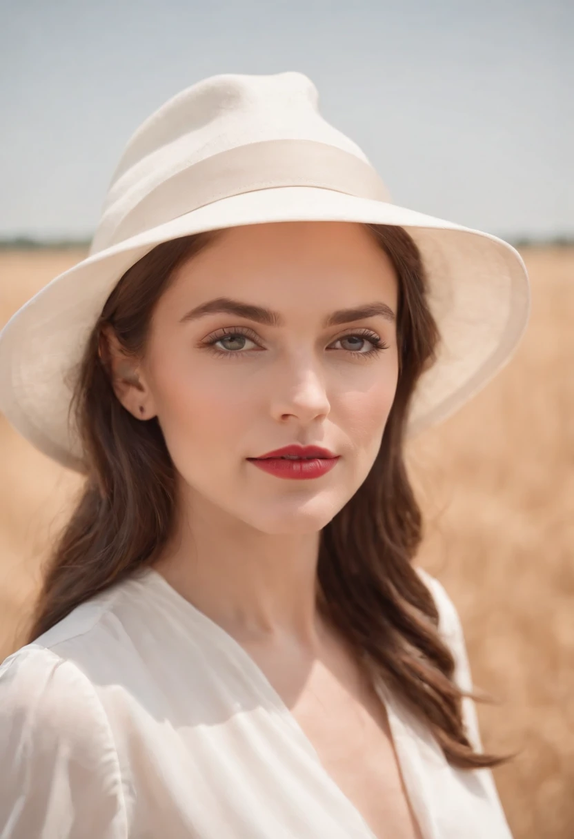 woman in white hat, safari style, white retro plane and open field in the background, sunny day, medium shot, high quality photo.