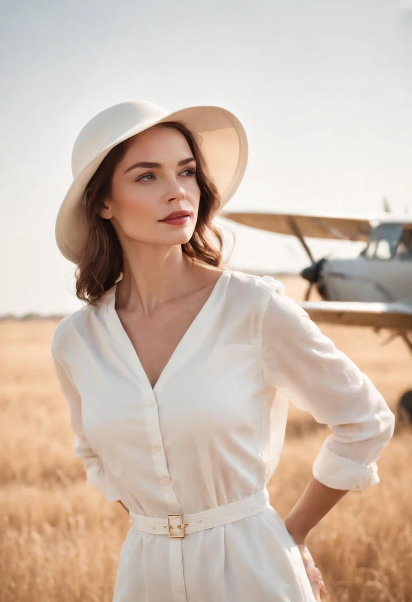 woman in white hat, safari style, white retro plane and open field in the background, sunny day, medium shot, high quality photo.