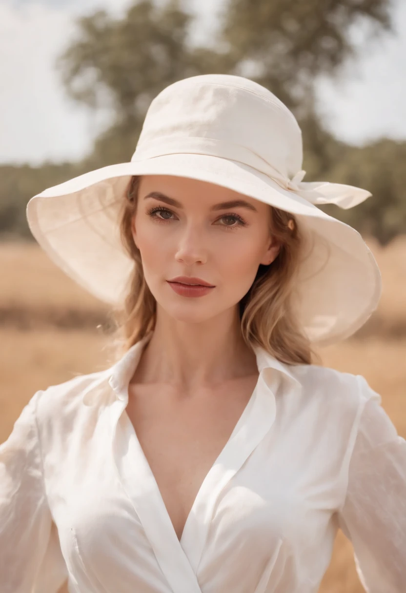 woman in white  hat, safari style, white retro plane and open field in the background, sunny day, medium shot, high quality photo.